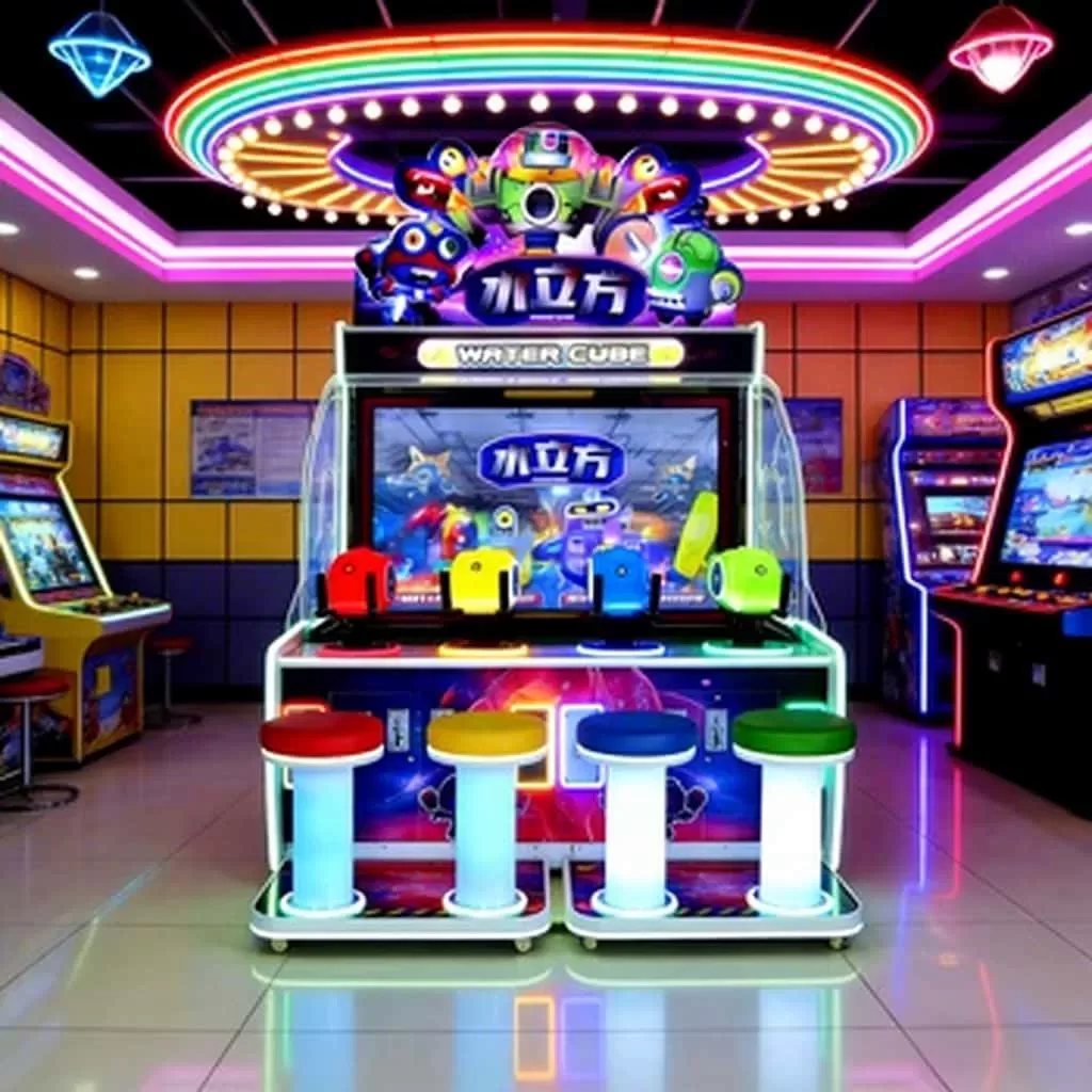 4 Player Water Shooting Arcade Machine front view with water shooting guns and multiplayer stations