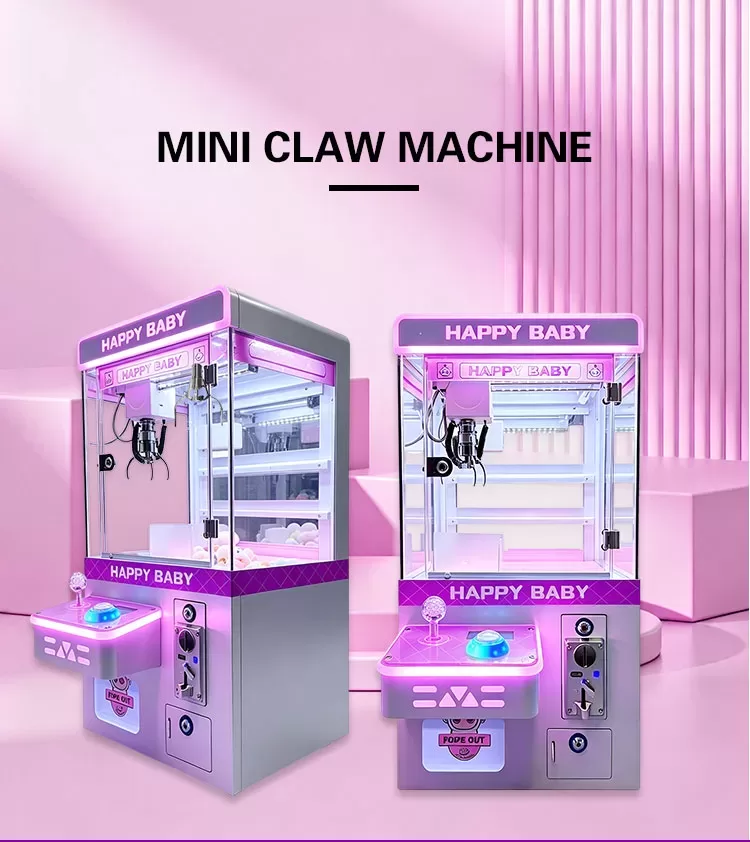Happy Baby mini claw machine front view with compact design and dazzling purple lighting