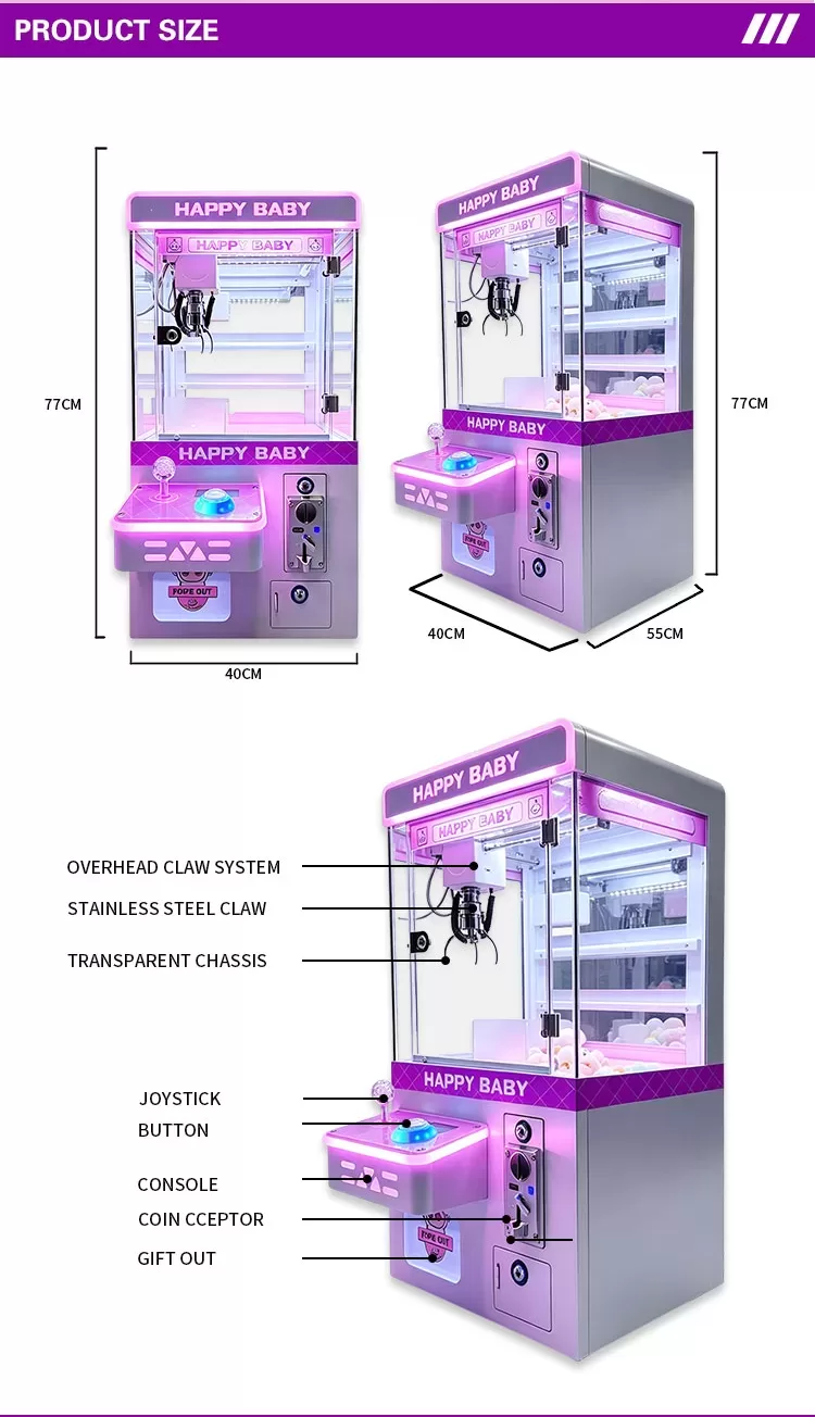 Happy Baby mini claw machine product dimension diagram with 77cm height and 40cm width