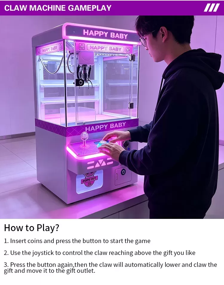 Happy Baby mini claw machine gameplay instructions with joystick and button controls