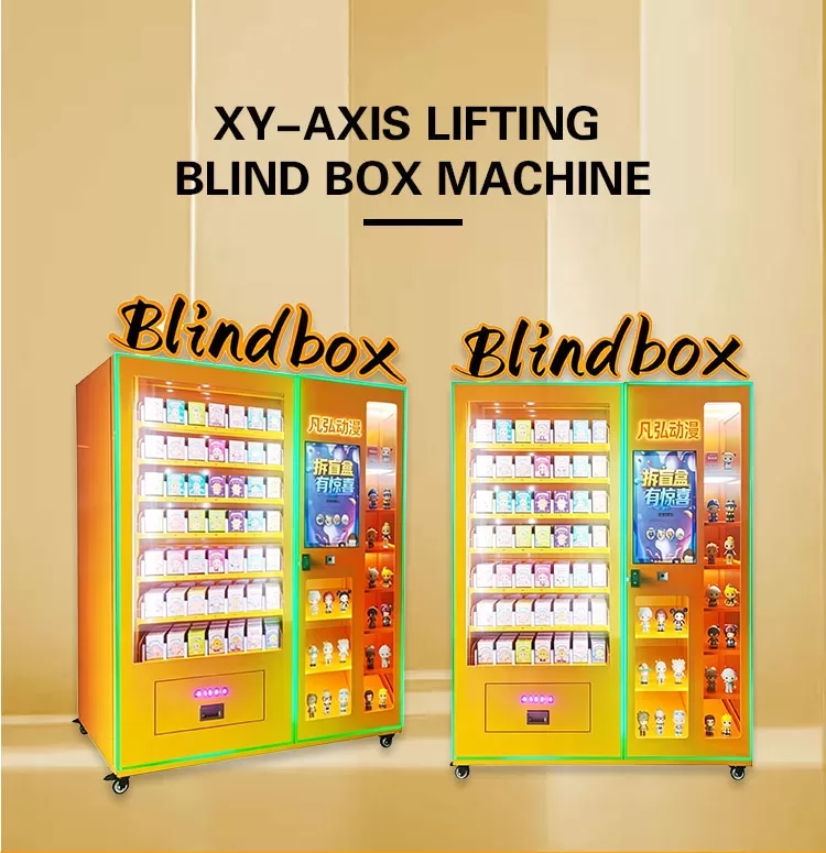 XY-Axis Lifting Blind Box Machine commercial vending dispenser with bright orange cabinet and LED sign