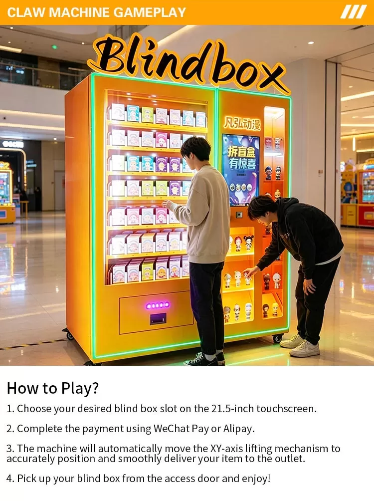 Customers purchasing blind boxes from the XY-Axis Lifting Blind Box Machine in a shopping mall