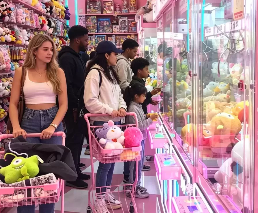 American customers playing claw machines inside US themed arcade store, shopping carts with won plush prizes