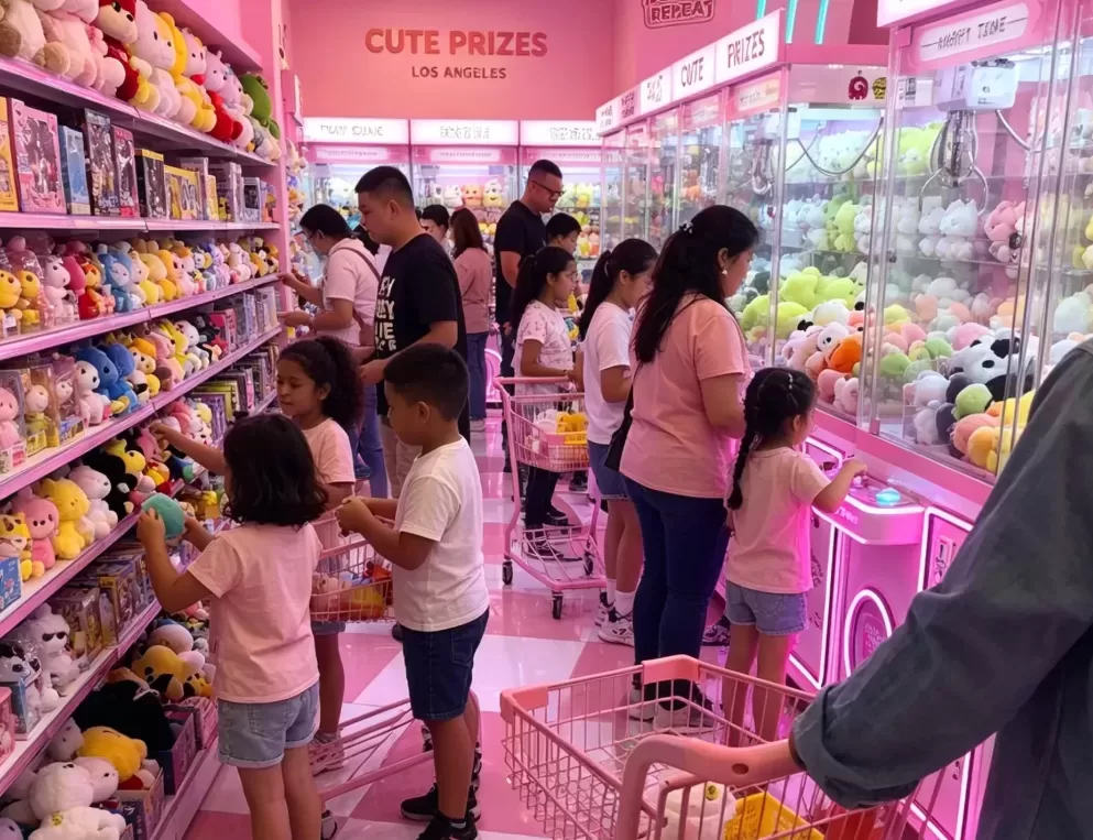 Crowded interior scene of US claw machine arcade, teenagers and family customers enjoying prize game machines