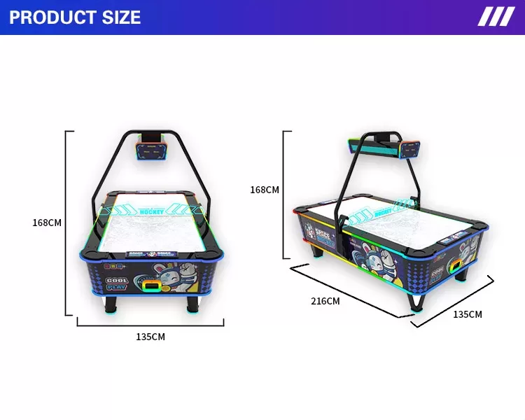 Space Air Hockey curved air hockey table product dimension diagram with 168cm width