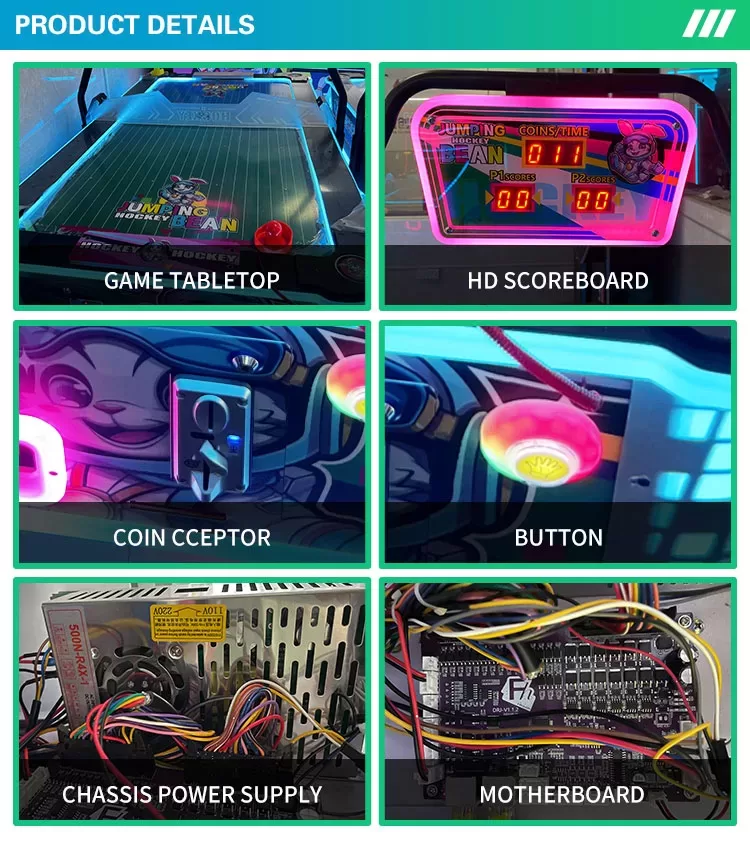 Jumping Rabbit Air Hockey Table game tabletop HD scoreboard coin acceptor and button control panel view