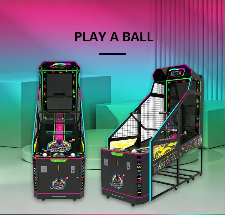 Play A Ball arcade basketball machine front view with white frame and purple themed graphics