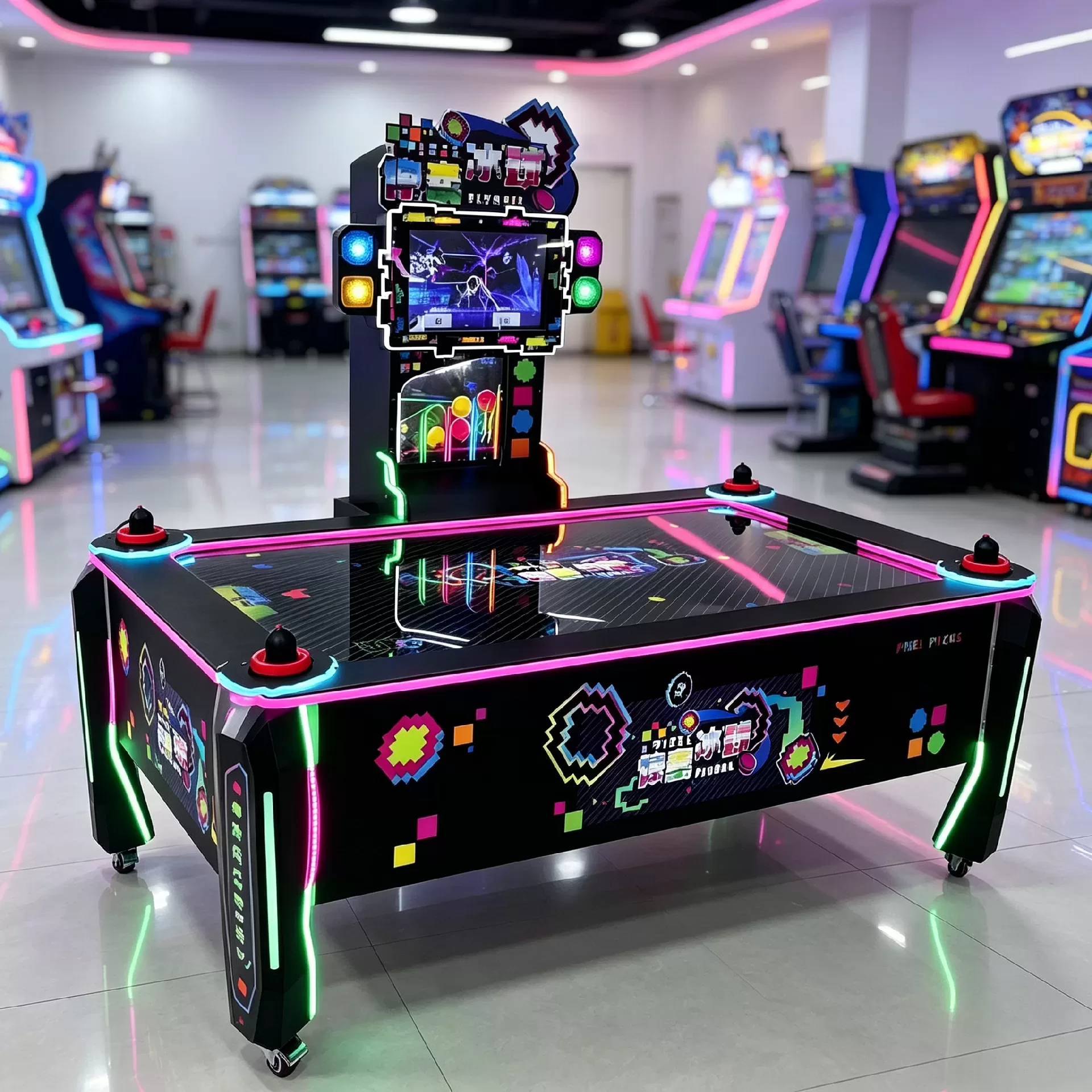 Pixel Air Hockey light box LCD screen game area and coin acceptor control panel view