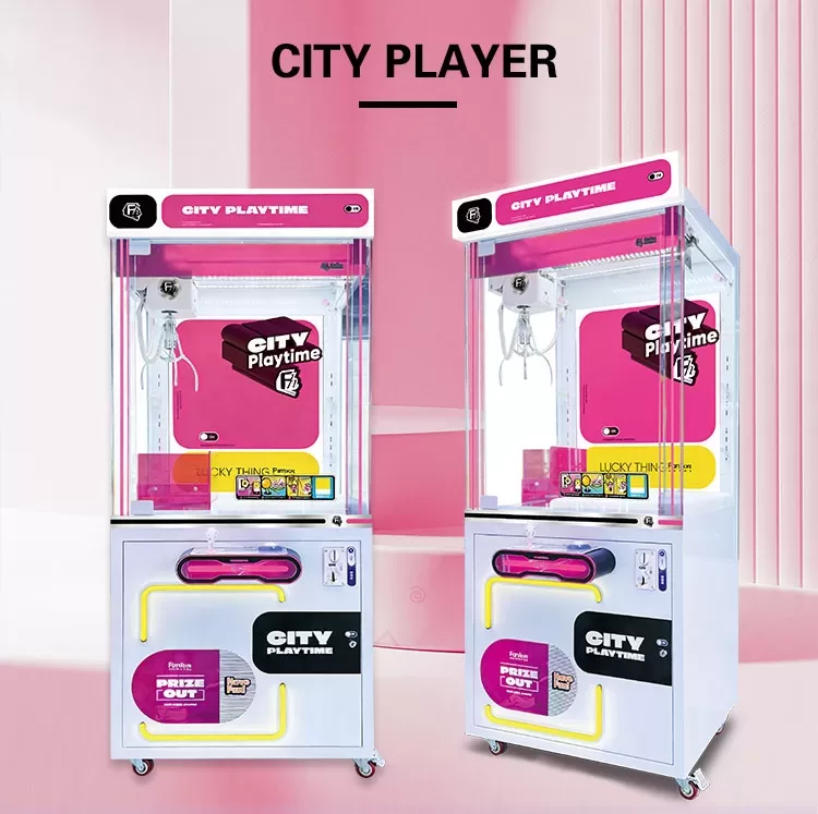 City Player urban minimalist luxury claw machine front view with transparent chassis and dazzling lighting