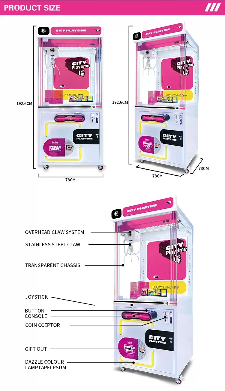 City Player premium claw machine product dimension diagram with 192.6cm height and 78cm width