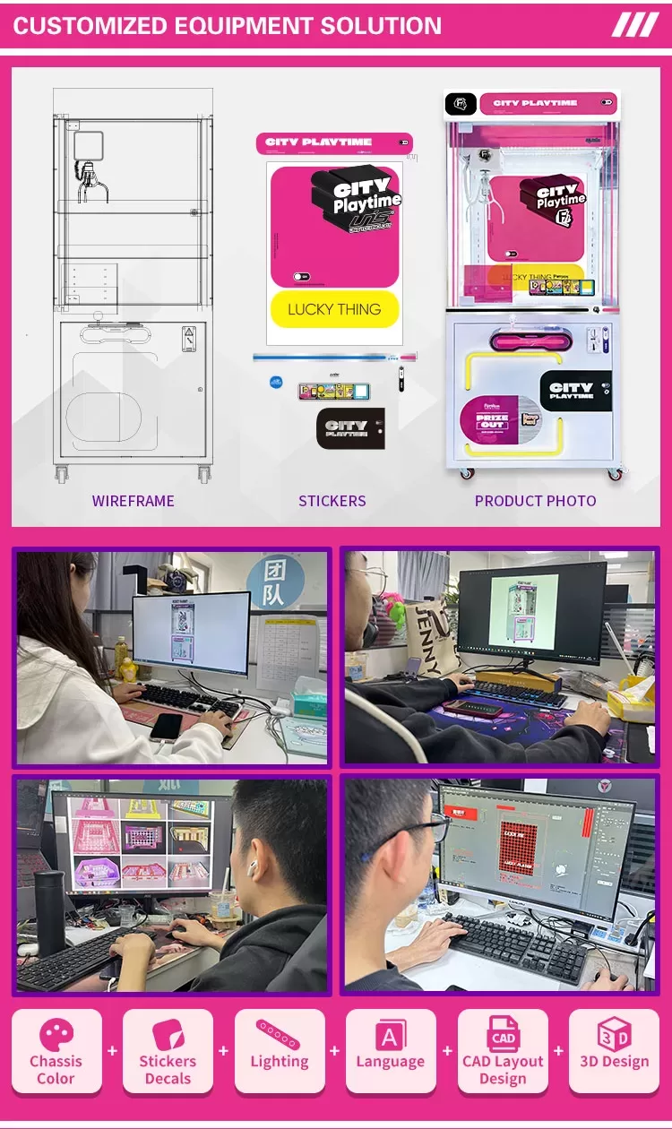 City Player overhead claw system stainless steel claw joystick button console coin acceptor and gift outlet view