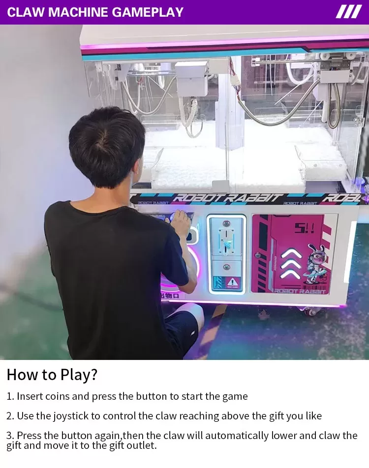 Galactic Play Hub claw machine gameplay instructions with joystick and button controls