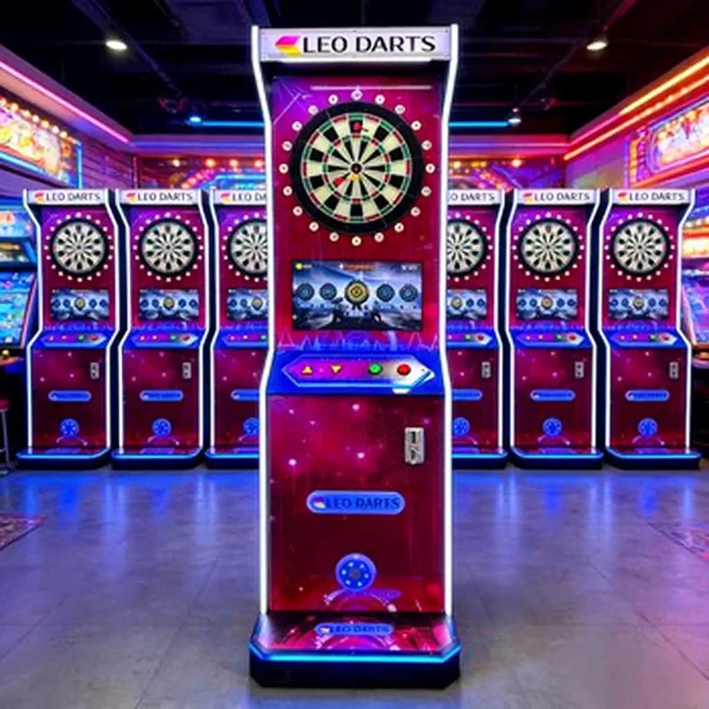 LEOdarts commercial arcade dart game machine front view with English interface