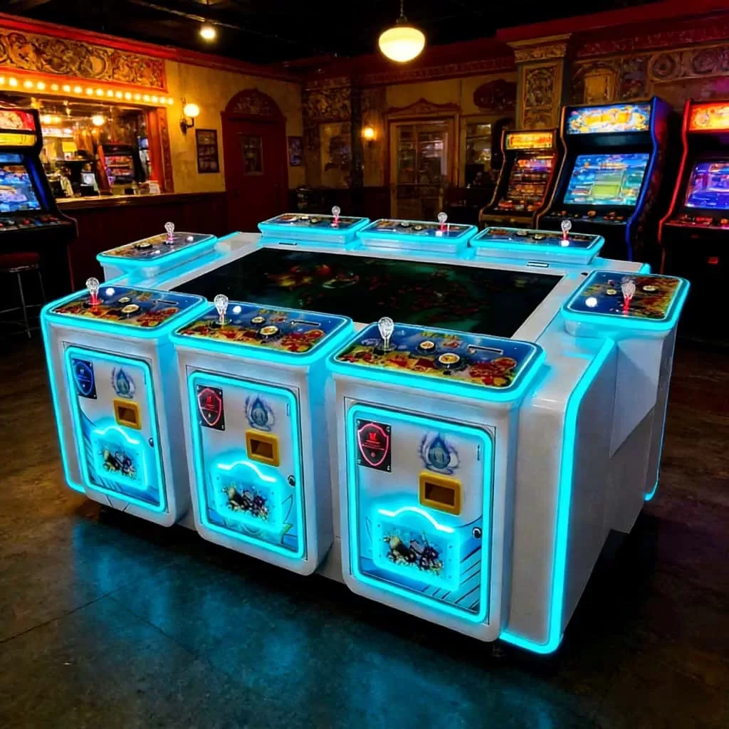 Ocean King 3 Awakening Gold fish game table installed in entertainment center with neon lighting