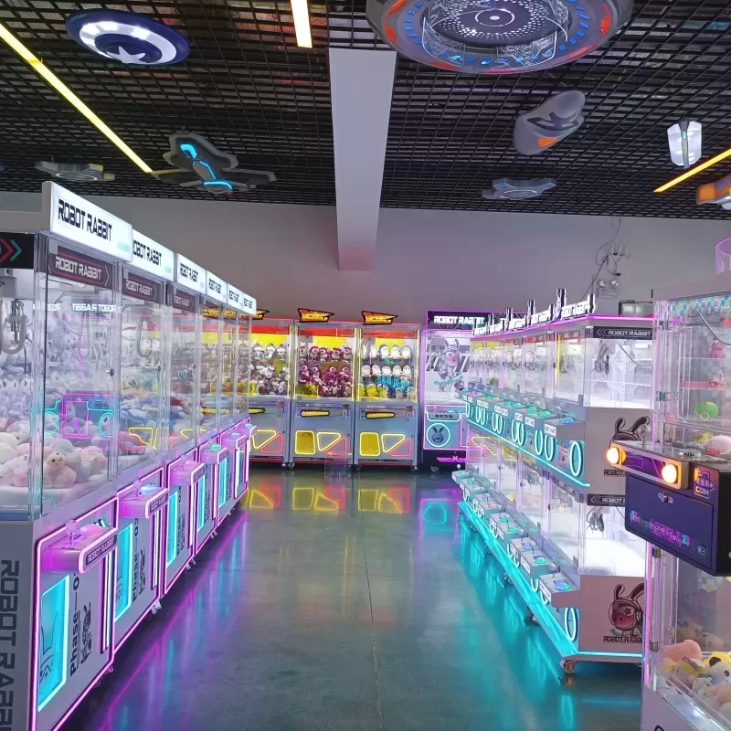 Commercial claw machines in a factory showroom