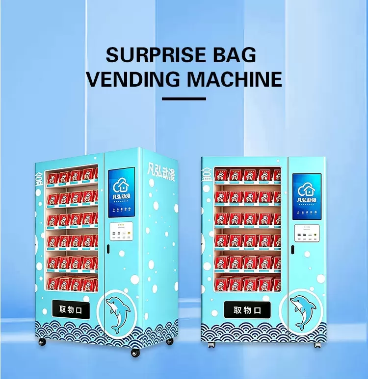 Surprise Bag Vending Machine front view with ocean-themed blue cabinet and 21.5 inch touch screen