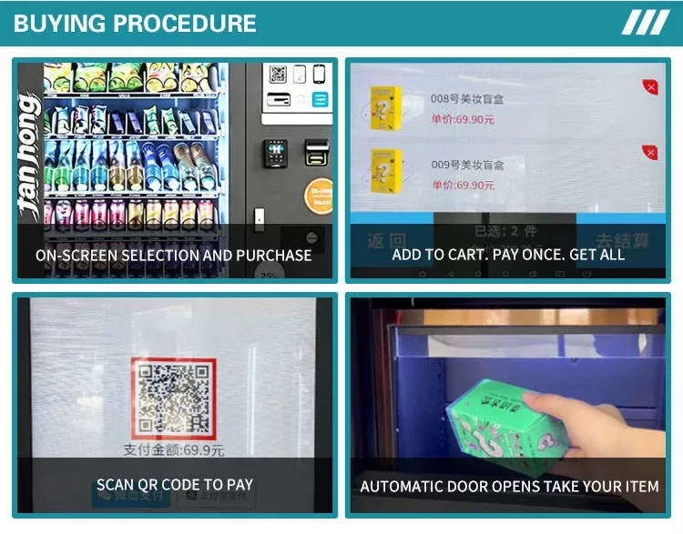 Surprise Bag Vending Machine buying procedure from on-screen selection to QR code payment and automatic door pickup