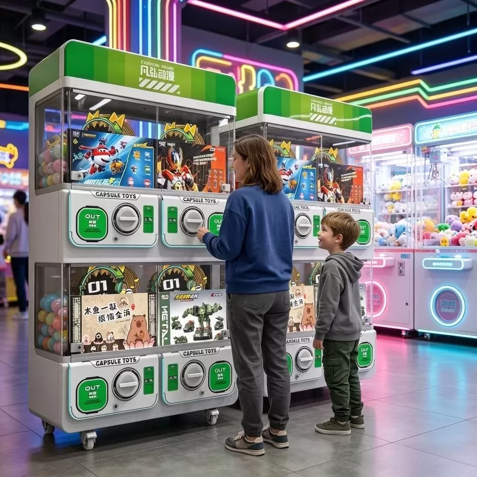 Naughty Boy gachapon machine installed in amusement game center with trendy design and multiple players