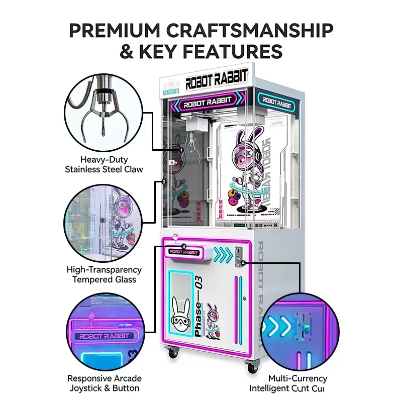 Cosmic Rabbit 3 commercial stand crane machine front view with novel design and dazzling lighting